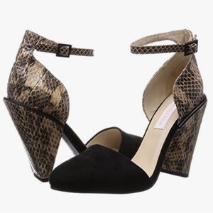 Sea By Chloe Black Suede Snake Print Chunky Heel Ankle Strap Blk/Brown SZ 35.5